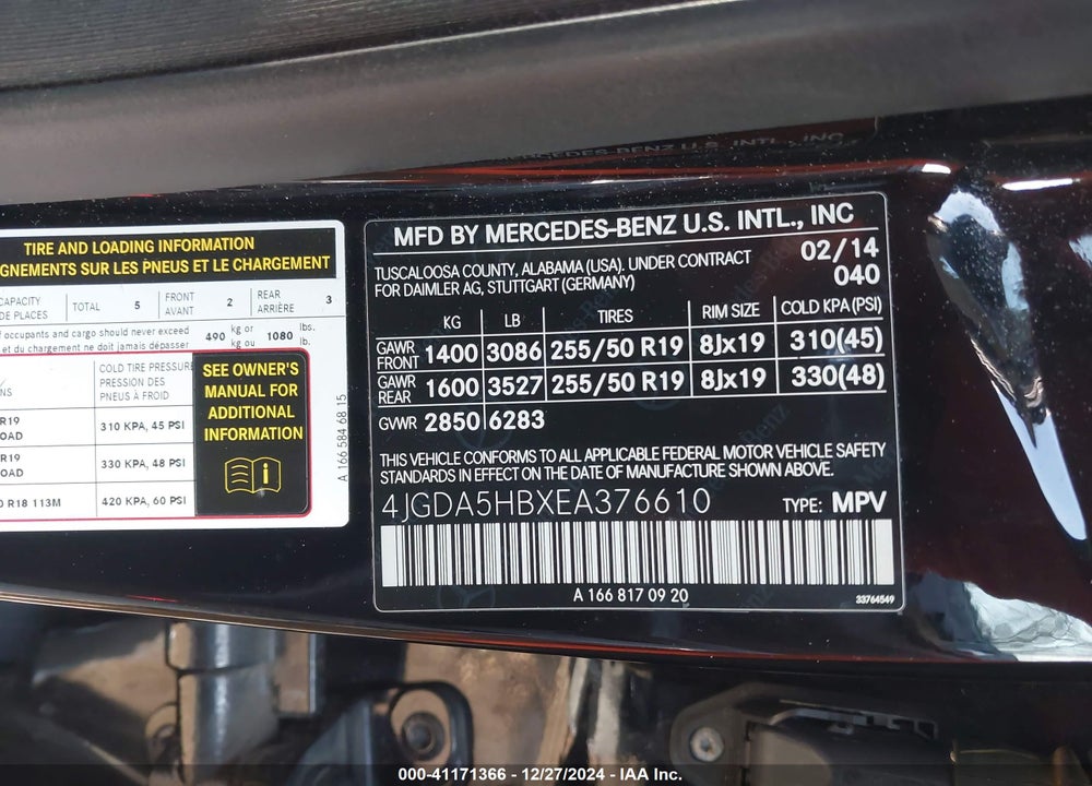 2014 MERCEDES-BENZ ML 350 4MATIC VIN: 4JGDA5HBXEA376610