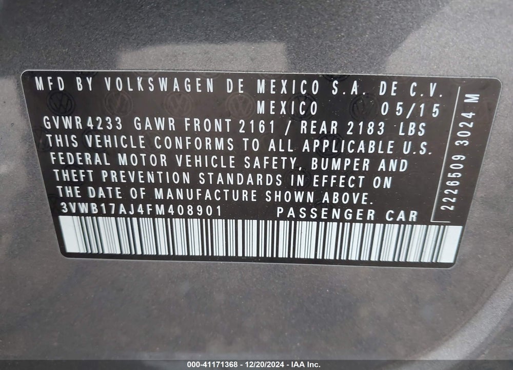 2015 VOLKSWAGEN JETTA 1.8T SPORT VIN: 3VWB17AJ4FM408901