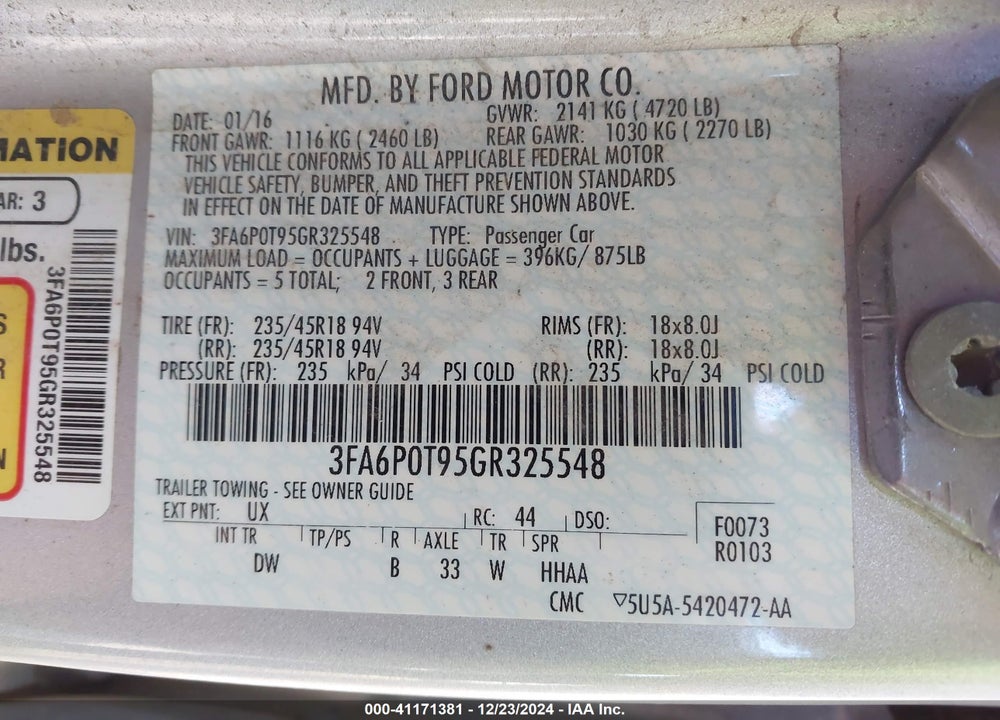 2016 FORD FUSION VIN: 3FA6P0T95GR325548