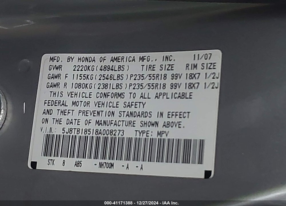 2008 ACURA RDX TECH PKG VIN: 5J8TB18518A008273