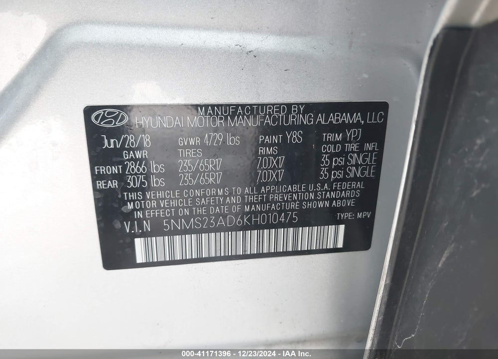 2019 HYUNDAI SANTA FE VIN: 5NMS23AD6KH010475