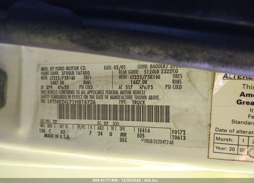 2001 FORD E-250 COMMERCIAL/RECREATIONAL VIN: 1FTNE24L71HB16726