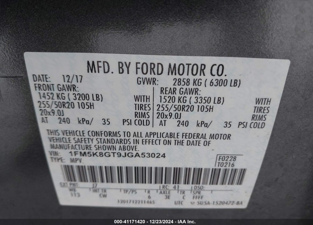 2018 FORD EXPLORER SPORT VIN: 1FM5K8GT9JGA53024