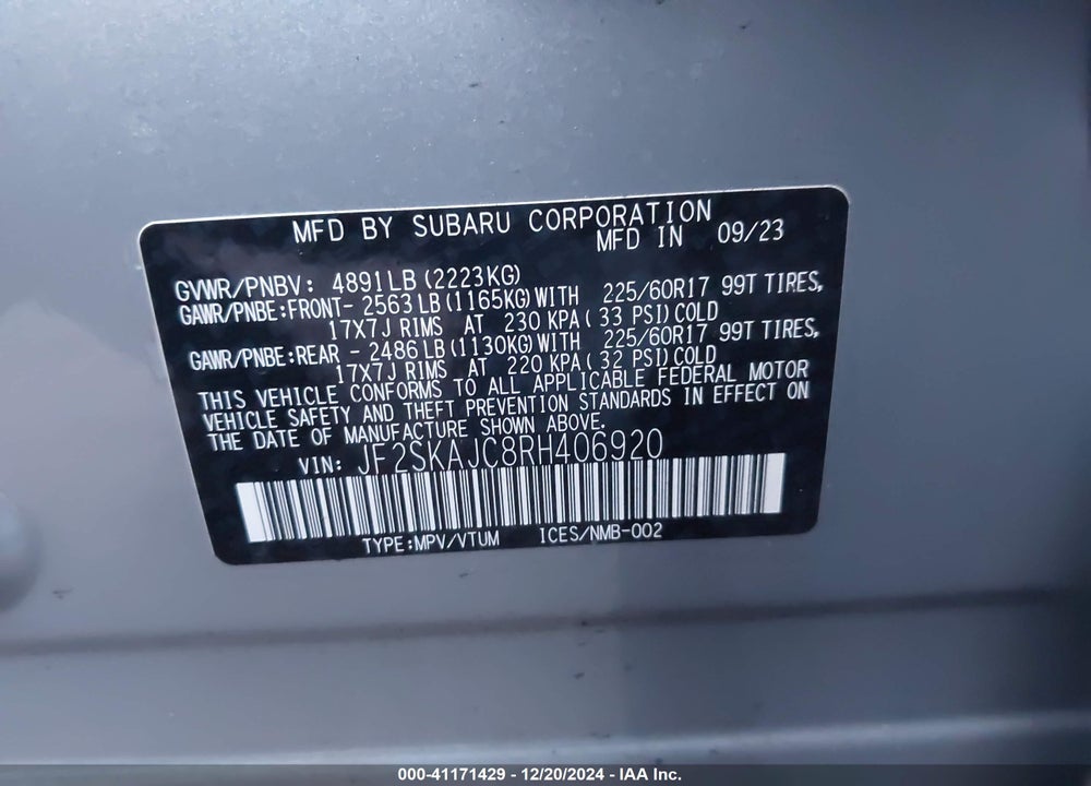 2024 SUBARU FORESTER WILDERNESS VIN: JF2SKAJC8RH406920