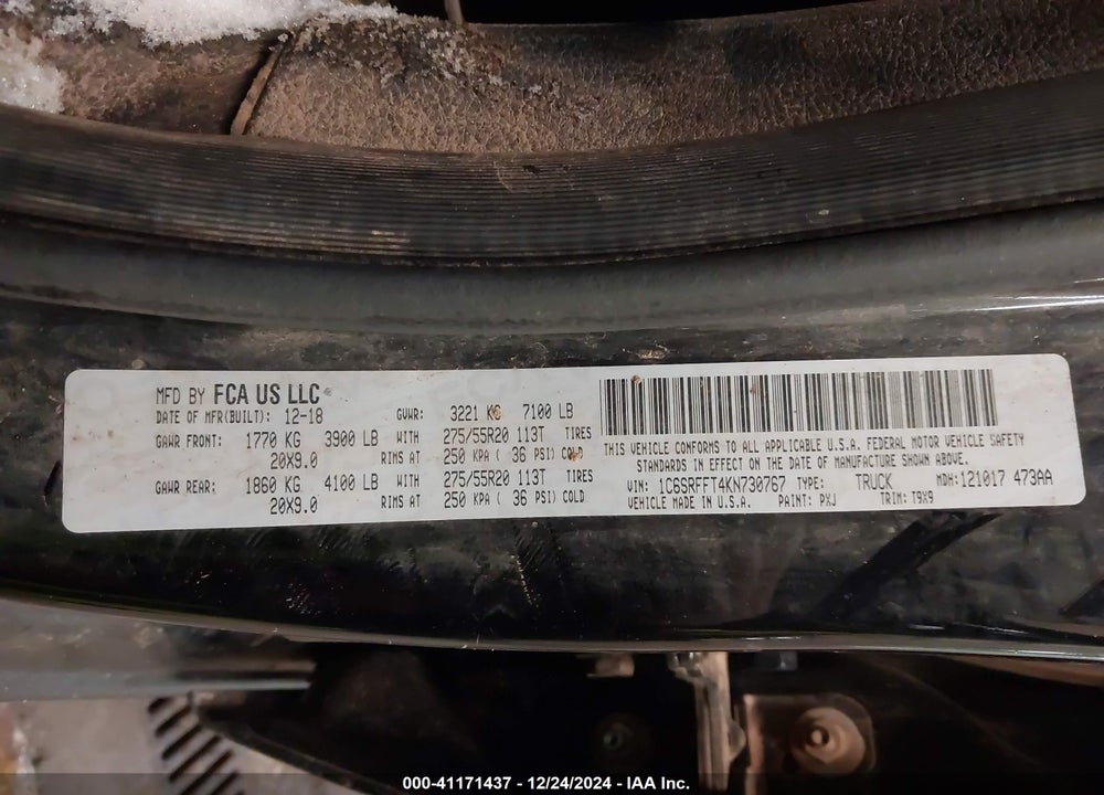 2019 RAM 1500 VIN: 1C6SRFFT4KN730767