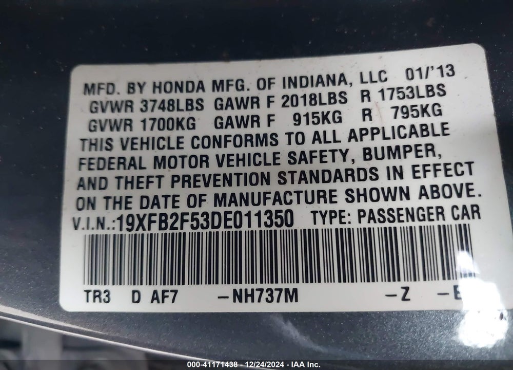 2013 HONDA CIVIC VIN: 19XFB2F53DE011350