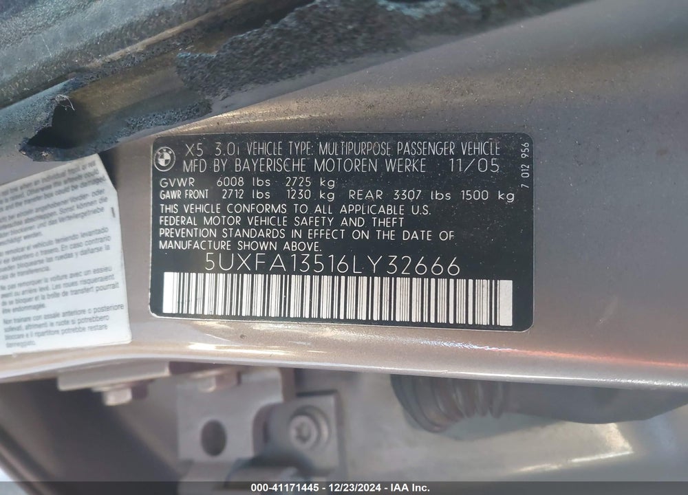 2006 BMW X5 3.0I VIN: 5UXFA13516LY32666