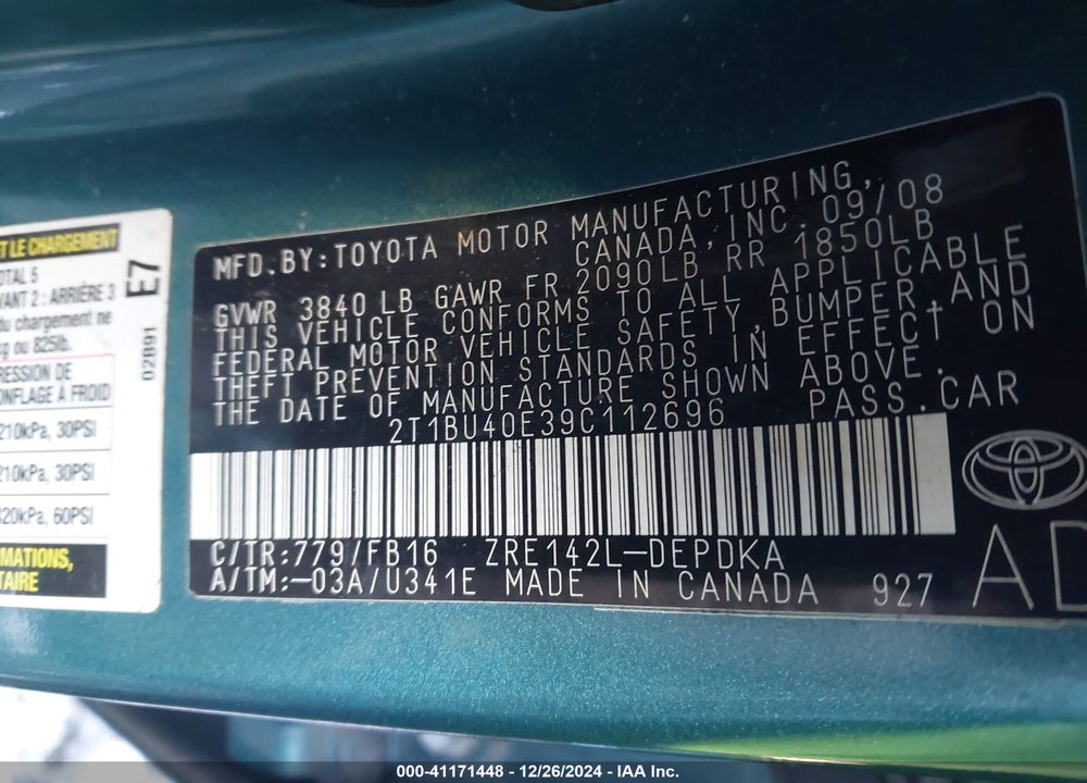 2009 TOYOTA COROLLA LE VIN: 2T1BU40E39C112696