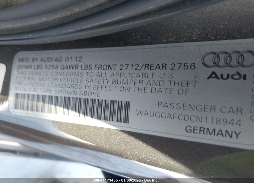2012 AUDI A6 3.0 PREMIUM VIN: WAUGGAFC0CN118944