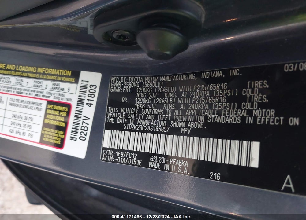 2008 TOYOTA SIENNA LE VIN: 5TDZK23C28S185857