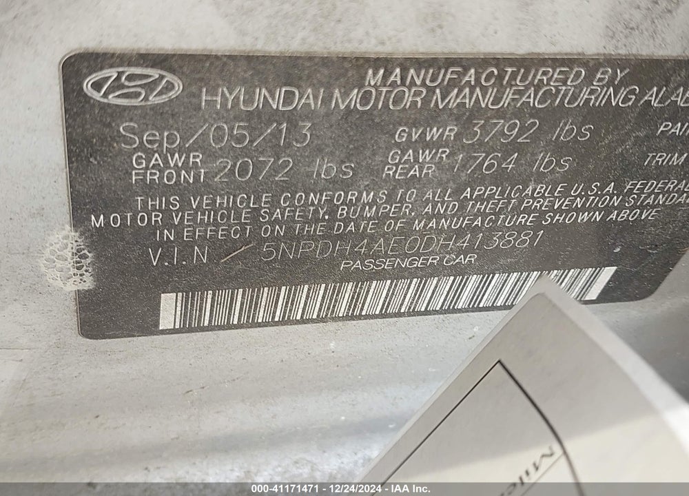 2013 HYUNDAI ELANTRA VIN: 5NPDH4AE0DH413881