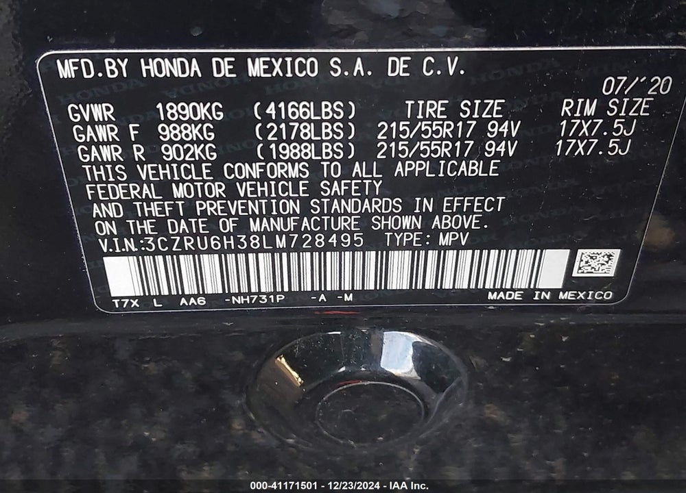 2020 HONDA HR-V AWD LX VIN: 3CZRU6H38LM728495