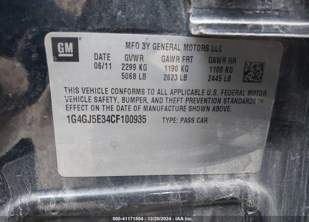 2012 BUICK LACROSSE TOURING GROUP VIN: 1G4GJ5E34CF100935