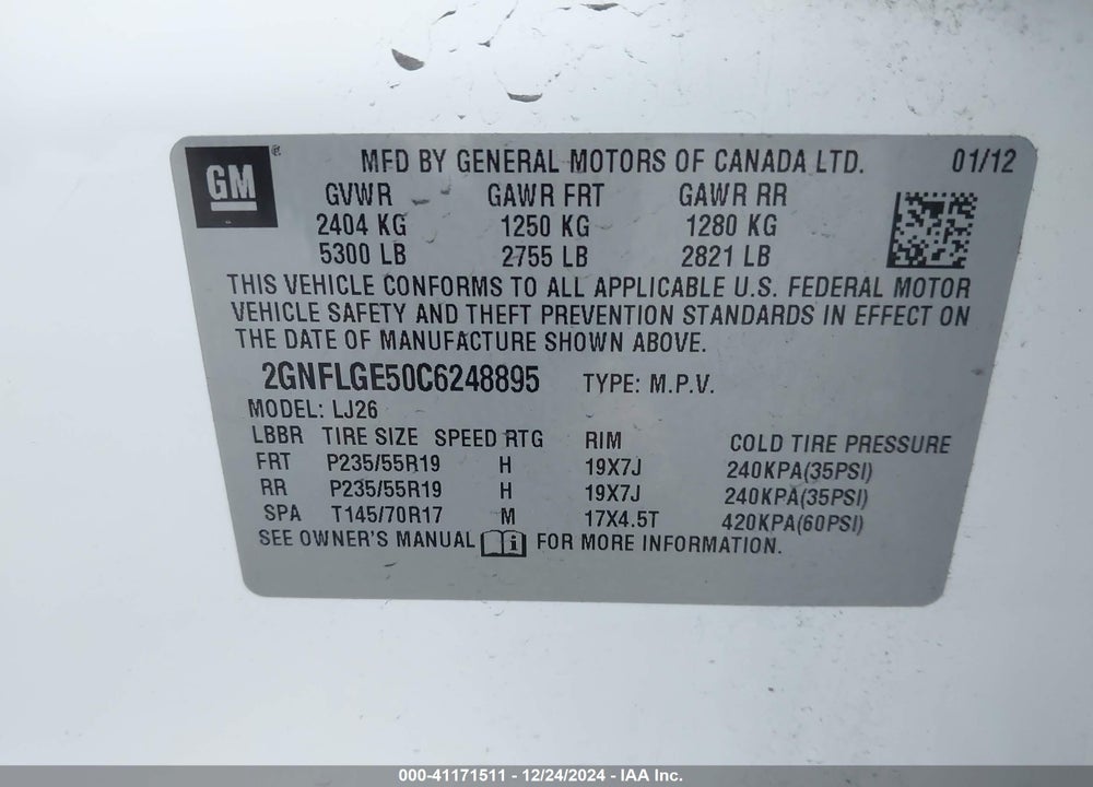 2012 CHEVROLET EQUINOX LTZ VIN: 2GNFLGE50C6248895