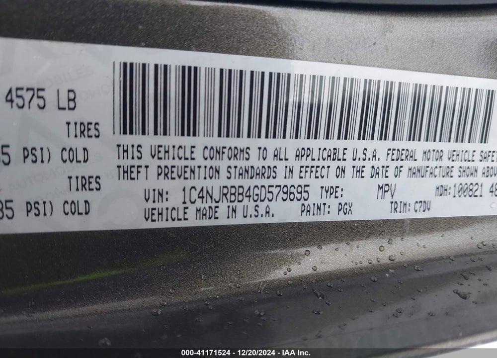 2016 JEEP PATRIOT SPORT VIN: 1C4NJRBB4GD579695