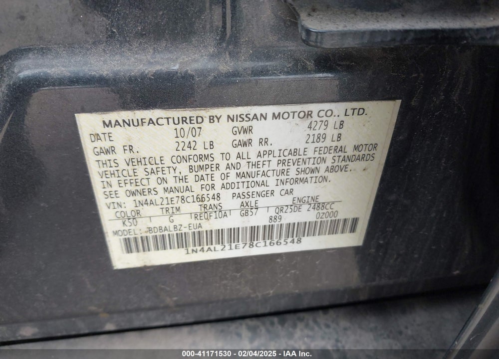 2008 NISSAN ALTIMA VIN: 1N4AL21E78C166548