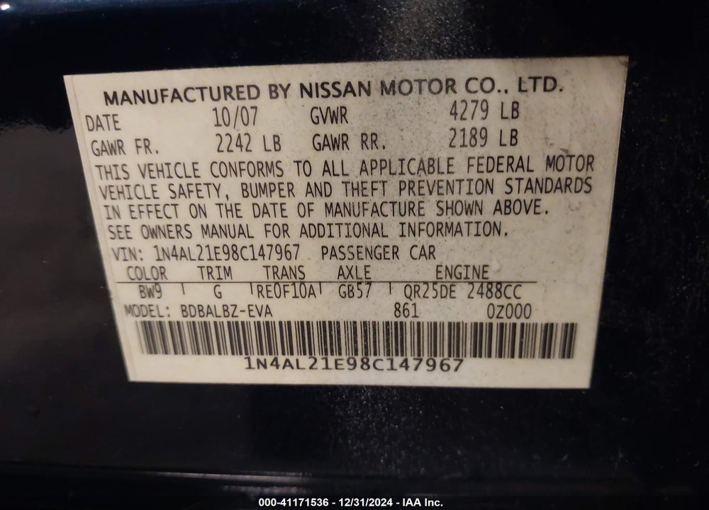 2008 NISSAN ALTIMA 2.5 S VIN: 1N4AL21E98C147967