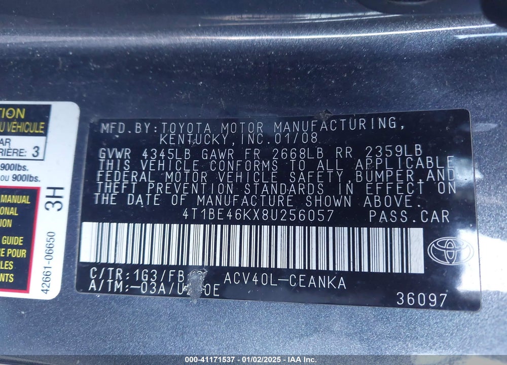 2008 TOYOTA CAMRY LE VIN: 4T1BE46KX8U256057