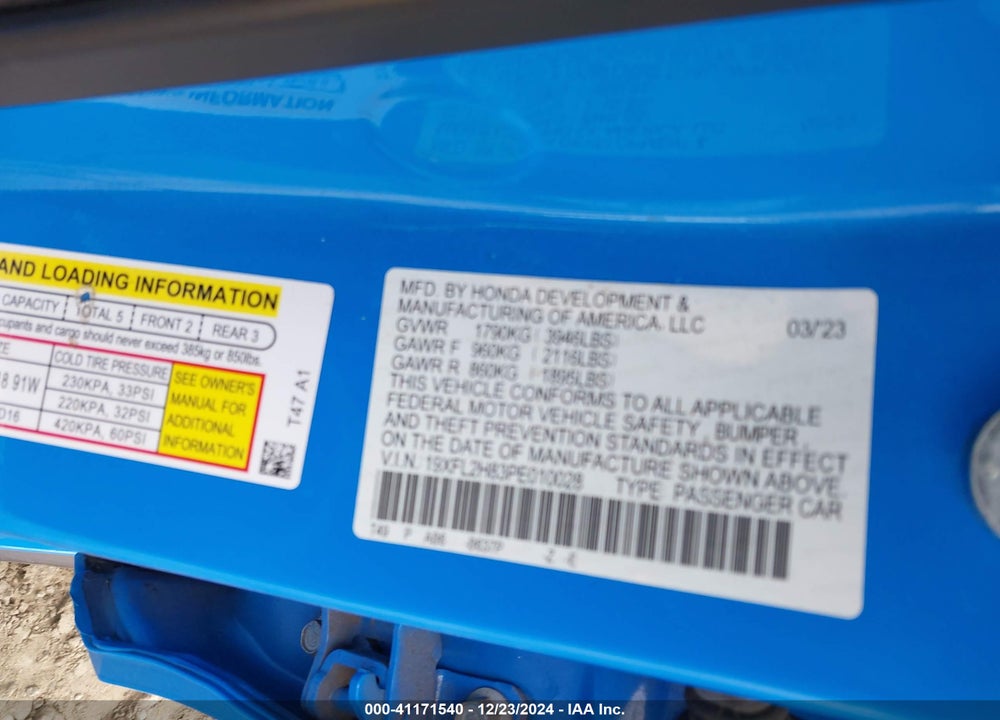 2023 HONDA CIVIC VIN: 19XFL2H83PE010028