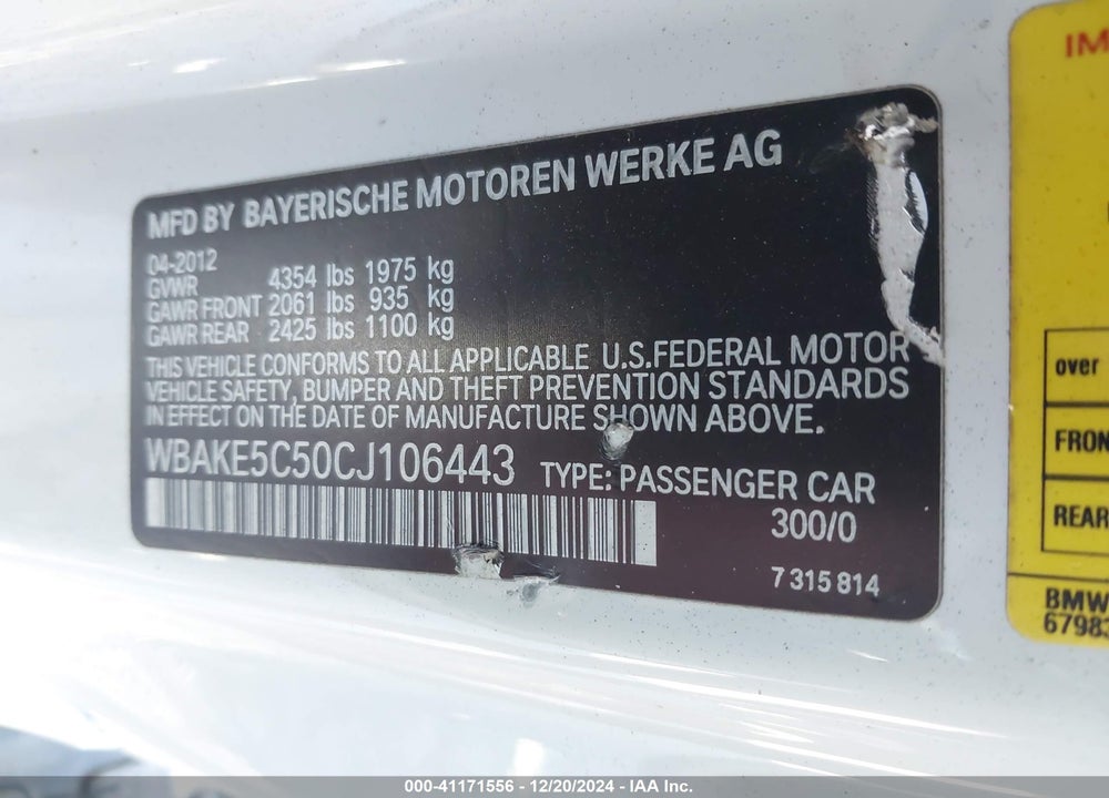 2012 BMW 328I VIN: WBAKE5C50CJ106443