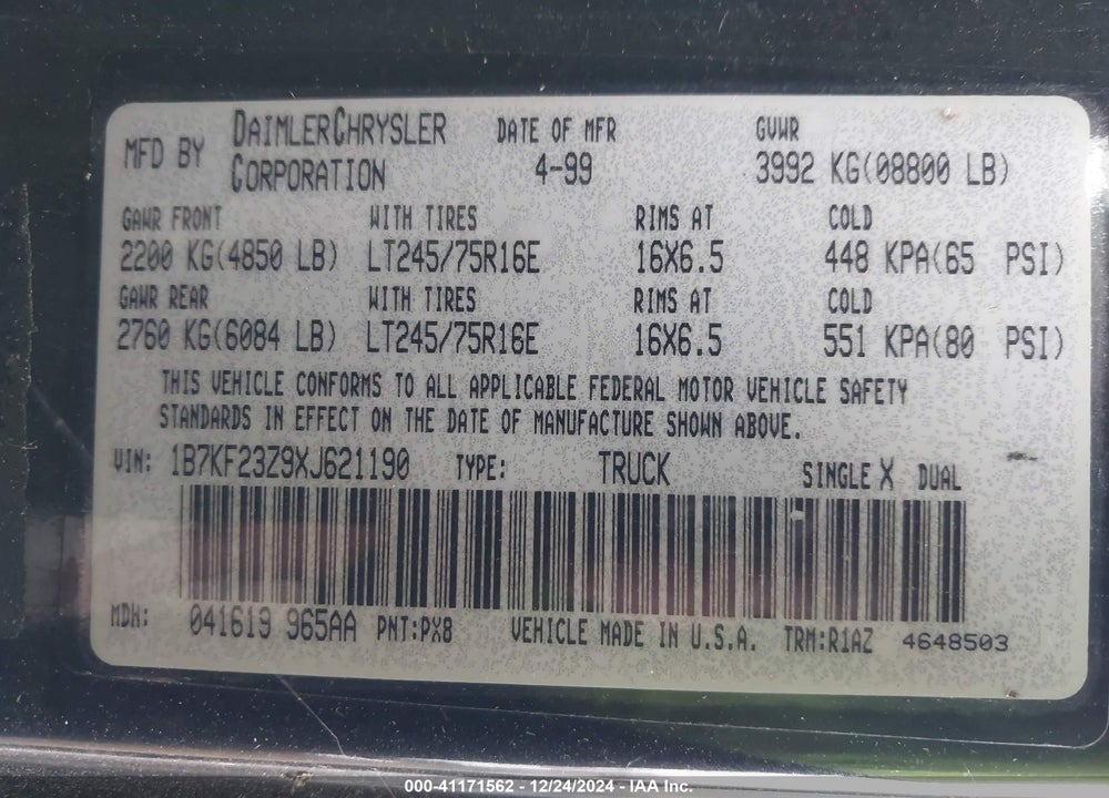 1999 DODGE RAM 2500 ST VIN: 1B7KF23Z9XJ621190
