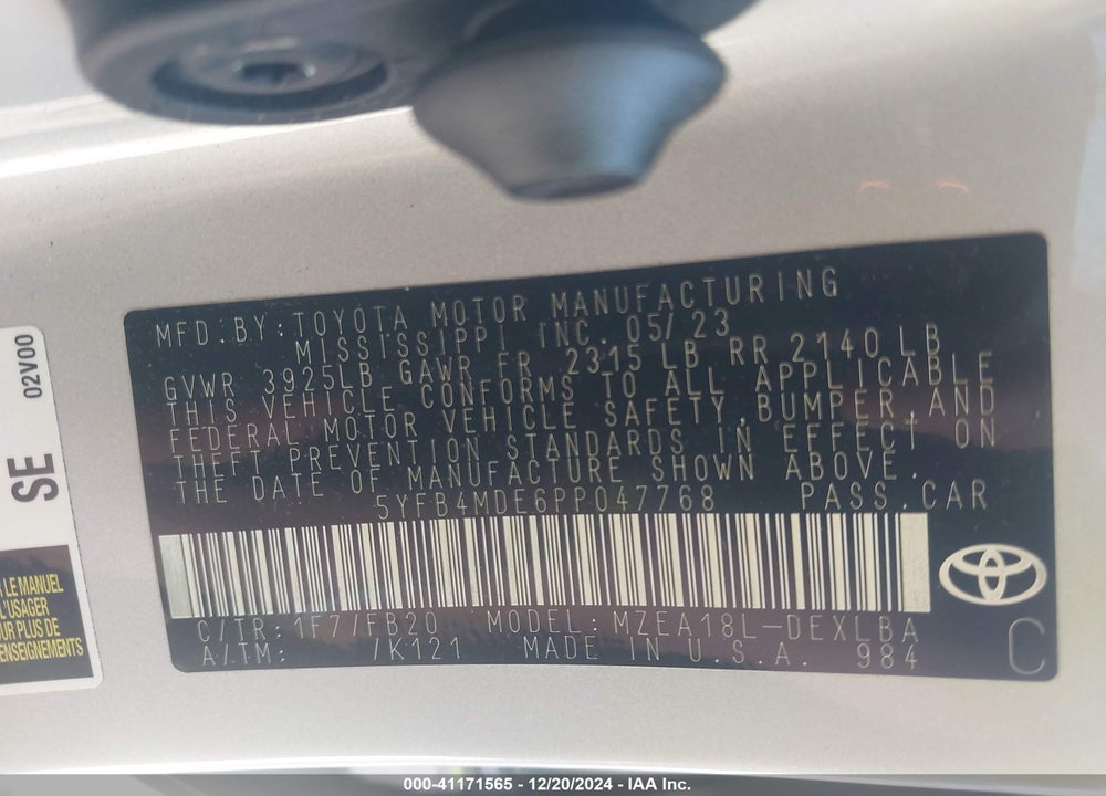 2023 TOYOTA COROLLA VIN: 5YFB4MDE6PP047768