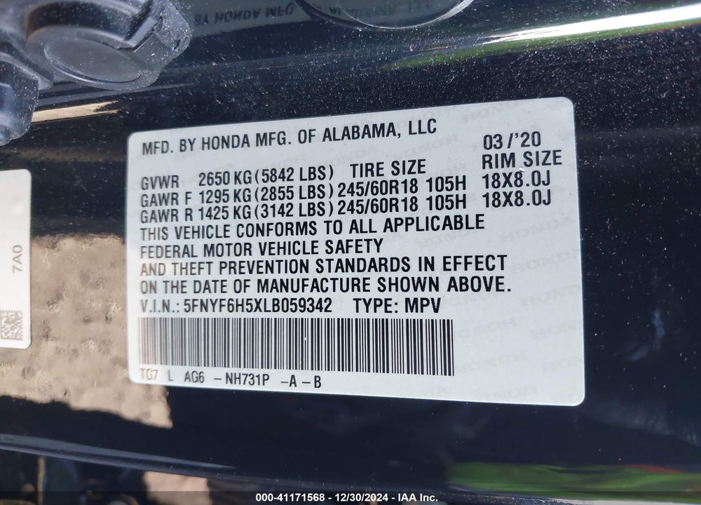 2020 HONDA PILOT AWD EX-L VIN: 5FNYF6H5XLB059342