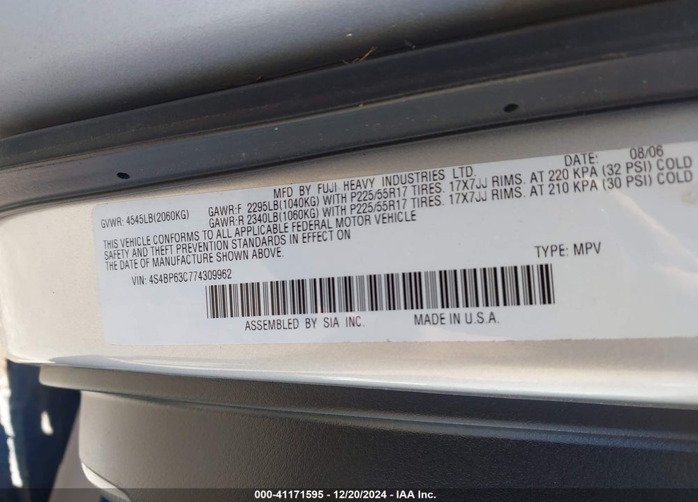 2007 SUBARU OUTBACK 2.5XT LIMITED VIN: 4S4BP63C774309962