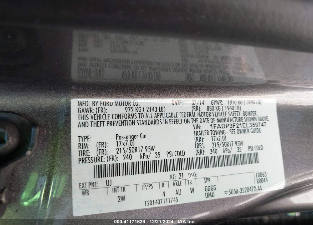 2014 FORD FOCUS SE VIN: 1FADP3F21EL359747