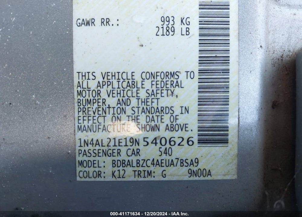 2009 NISSAN ALTIMA 2.5 S VIN: 1N4AL21E19N540626