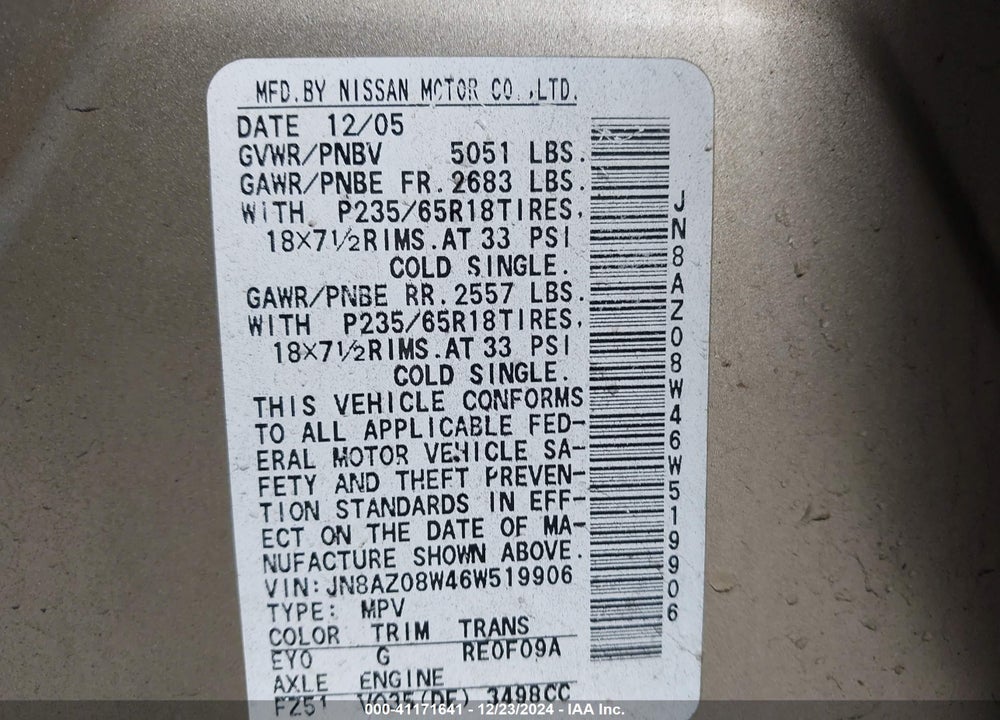 2006 NISSAN MURANO VIN: JN8AZ08W46W519906