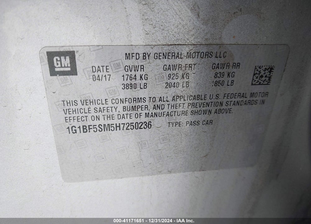 2017 CHEVROLET CRUZE PREMIER AUTO VIN: 1G1BF5SM5H7250236