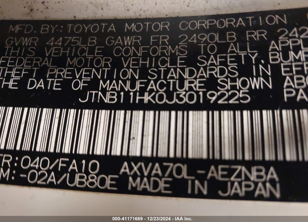 2018 TOYOTA CAMRY VIN: JTNB11HK0J3019225