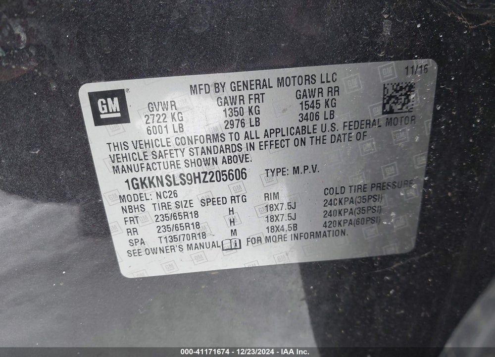 2017 GMC ACADIA SLE-2 VIN: 1GKKNSLS9HZ205606