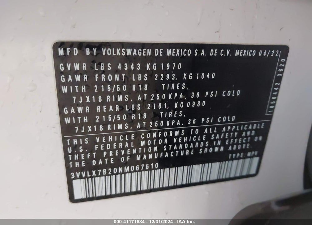 2022 VOLKSWAGEN TAOS 1.5T SE VIN: 3VVLX7B20NM067610
