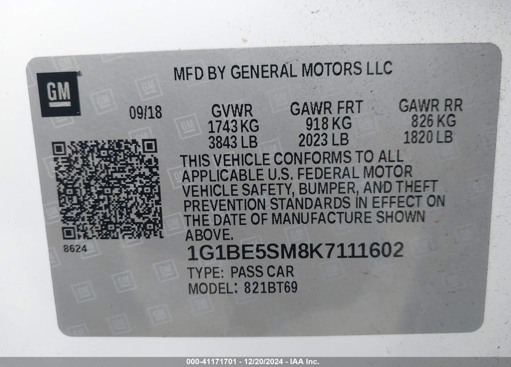 2019 CHEVROLET CRUZE LT VIN: 1G1BE5SM8K7111602