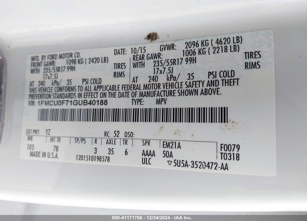 2016 FORD ESCAPE S VIN: 1FMCU0F71GUB40188