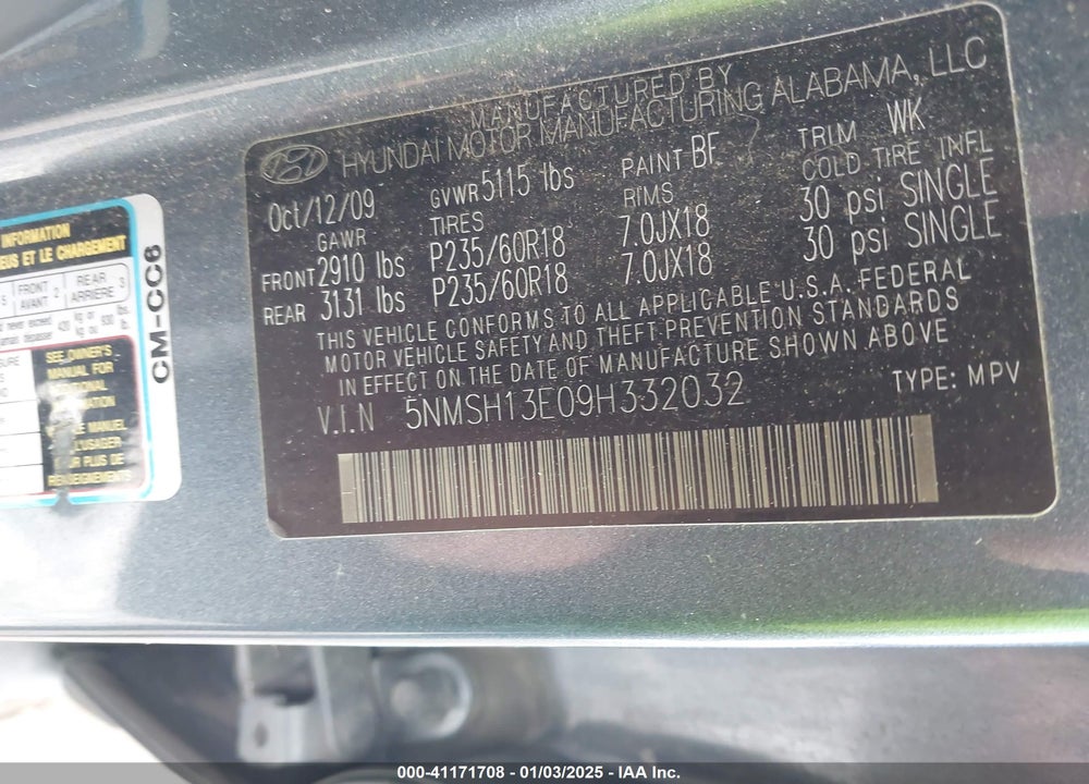 2009 HYUNDAI SANTA FE LIMITED VIN: 5NMSH13E09H332032