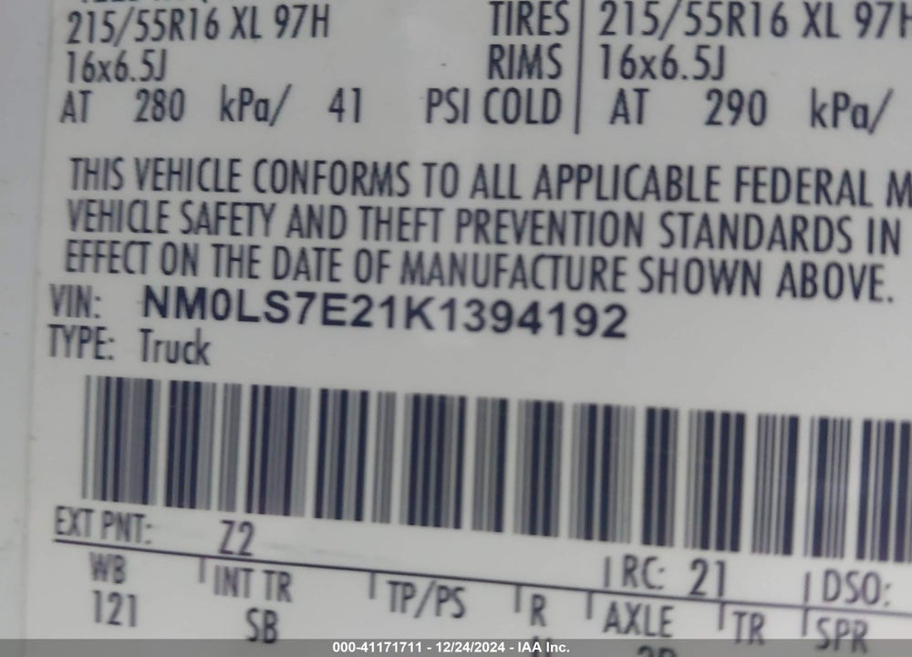 2019 FORD TRANSIT CONNECT XL VIN: NM0LS7E21K1394192