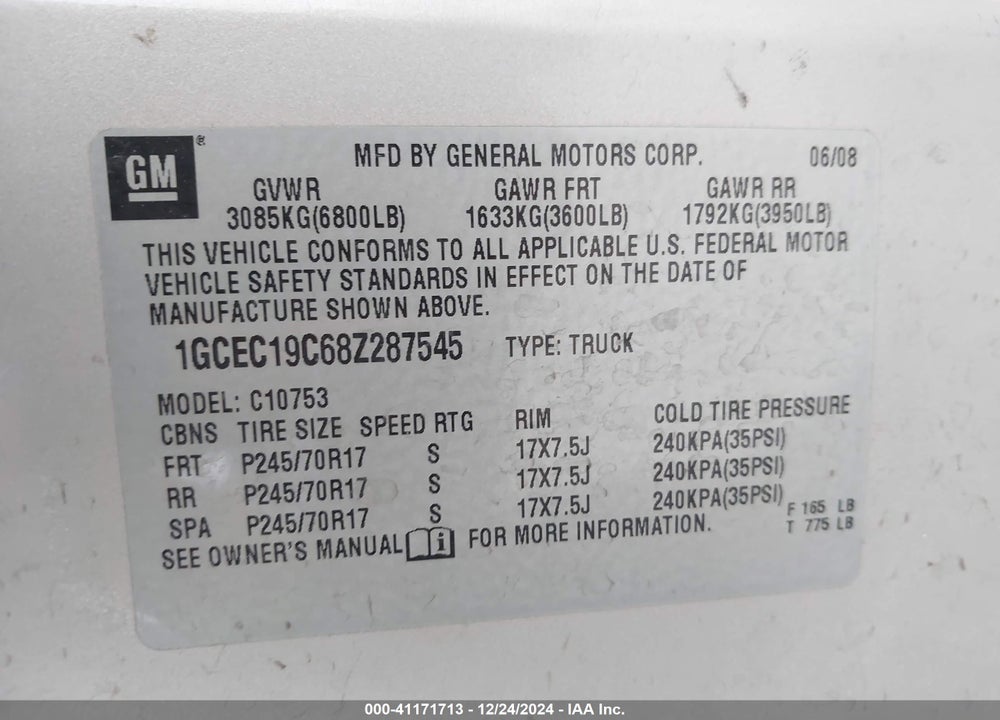 2008 CHEVROLET SILVERADO 1500 VIN: 1GCEC19C68Z287545