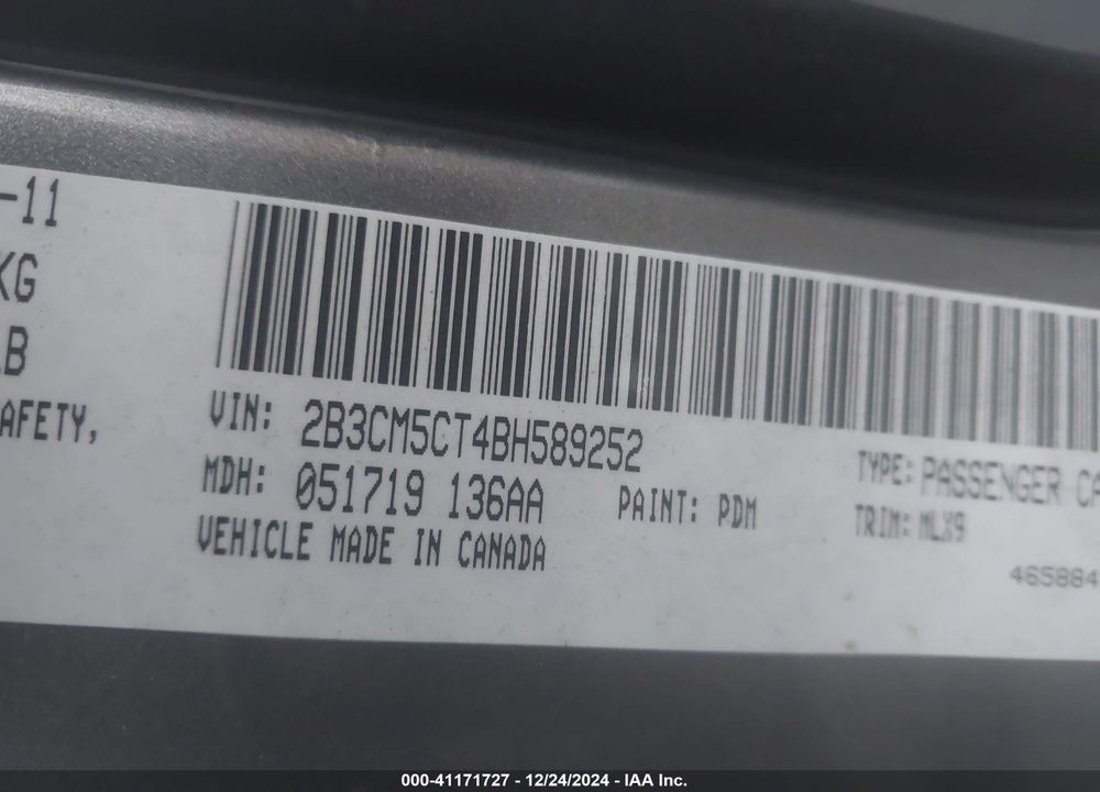 2011 DODGE CHARGER VIN: 2B3CM5CT4BH589252