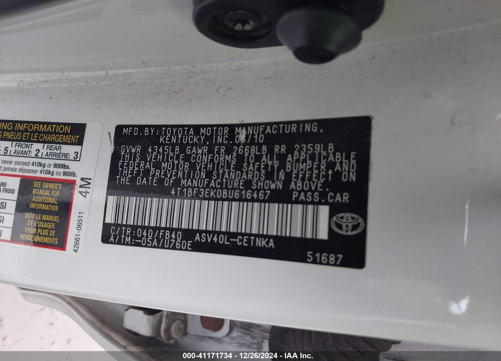 2011 TOYOTA CAMRY VIN: 4T1BF3EK0BU616467