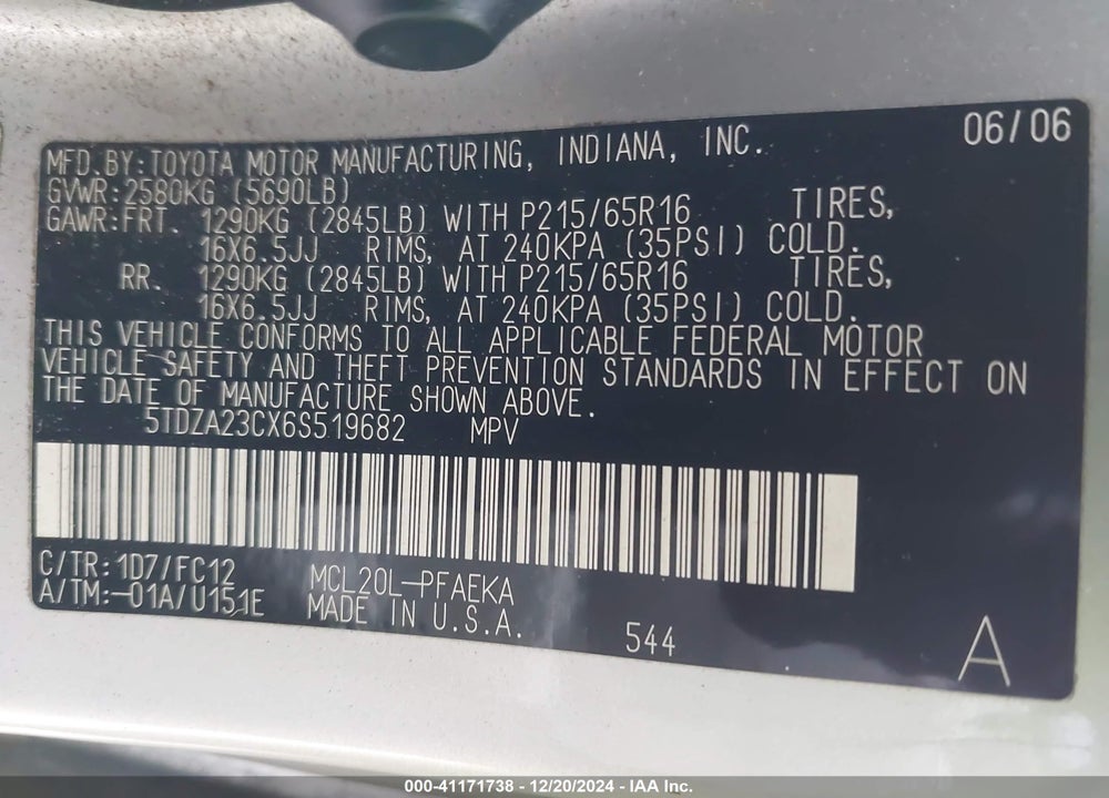 2006 TOYOTA SIENNA LE VIN: 5TDZA23CX6S519682