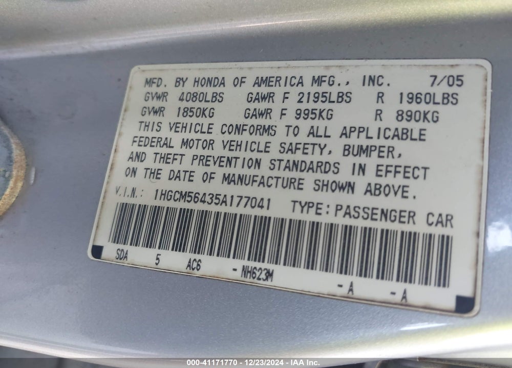2005 HONDA ACCORD 2.4 LX VIN: 1HGCM56435A177041