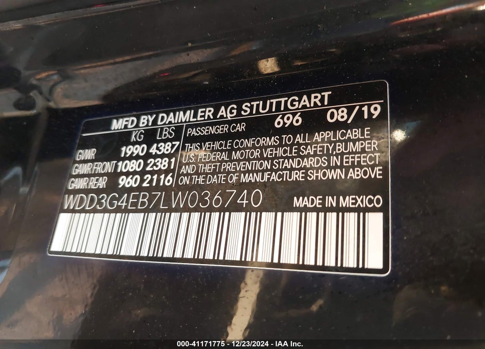 2020 MERCEDES-BENZ A VIN: WDD3G4EB7LW036740