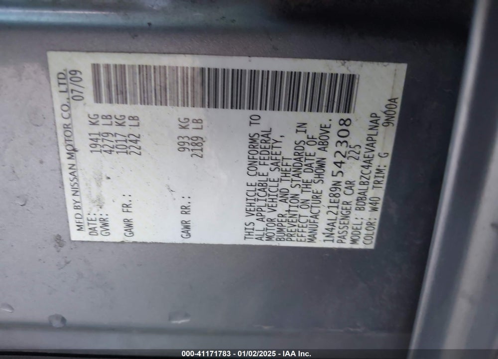 2009 NISSAN ALTIMA VIN: 1N4AL21E89N542308