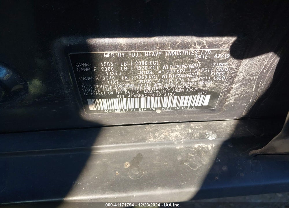 2013 SUBARU OUTBACK 2.5I PREMIUM VIN: 4S4BRBCC8D3213102