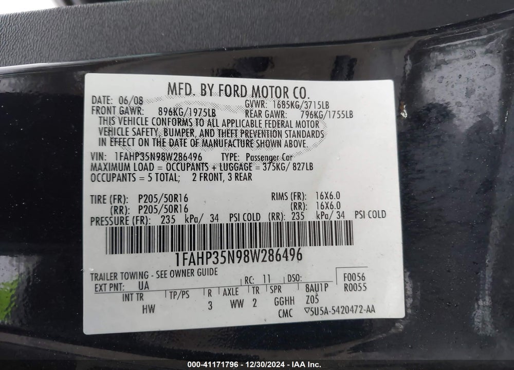 2008 FORD FOCUS SE/SES VIN: 1FAHP35N98W286496