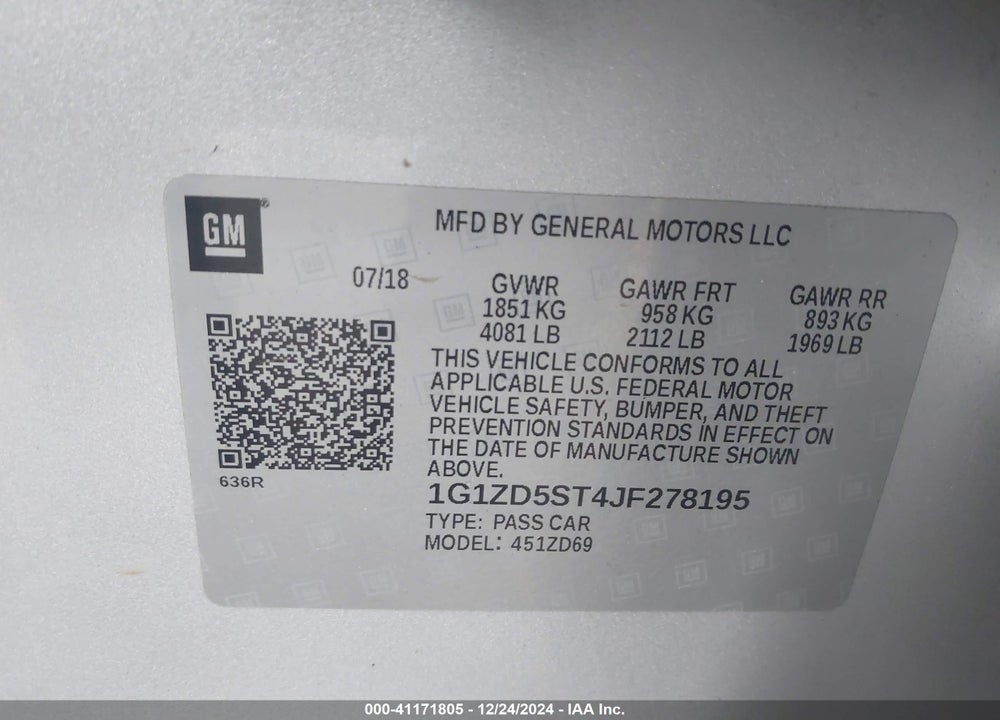 2018 CHEVROLET MALIBU VIN: 1G1ZD5ST4JF278195