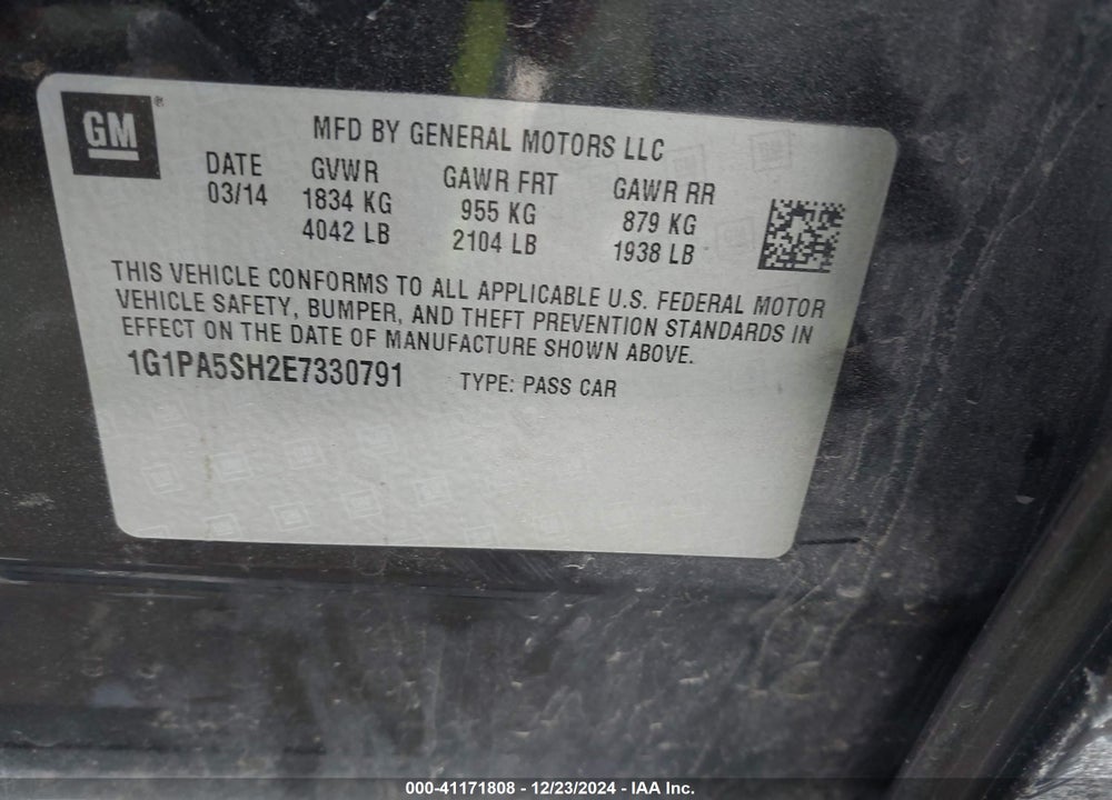 2014 CHEVROLET CRUZE LS AUTO VIN: 1G1PA5SH2E7330791